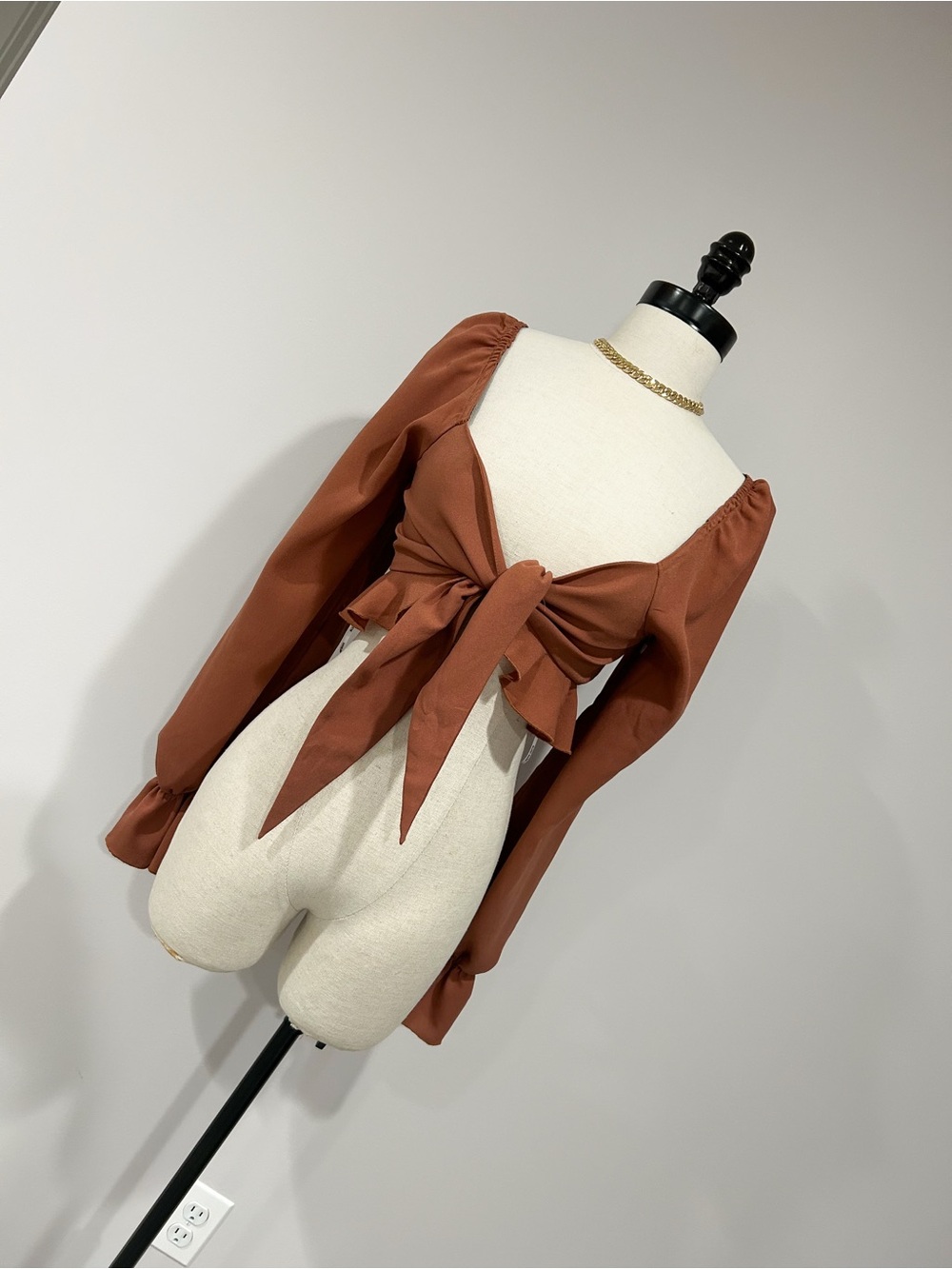 Tie-Front Long Sleeve Crop Top in Rust